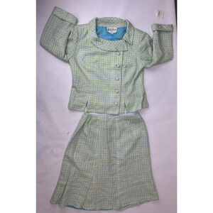 Light Academia Julian Taylor Tweed Skirt Suit Blazer Plaid Blue Yellow Size 8P